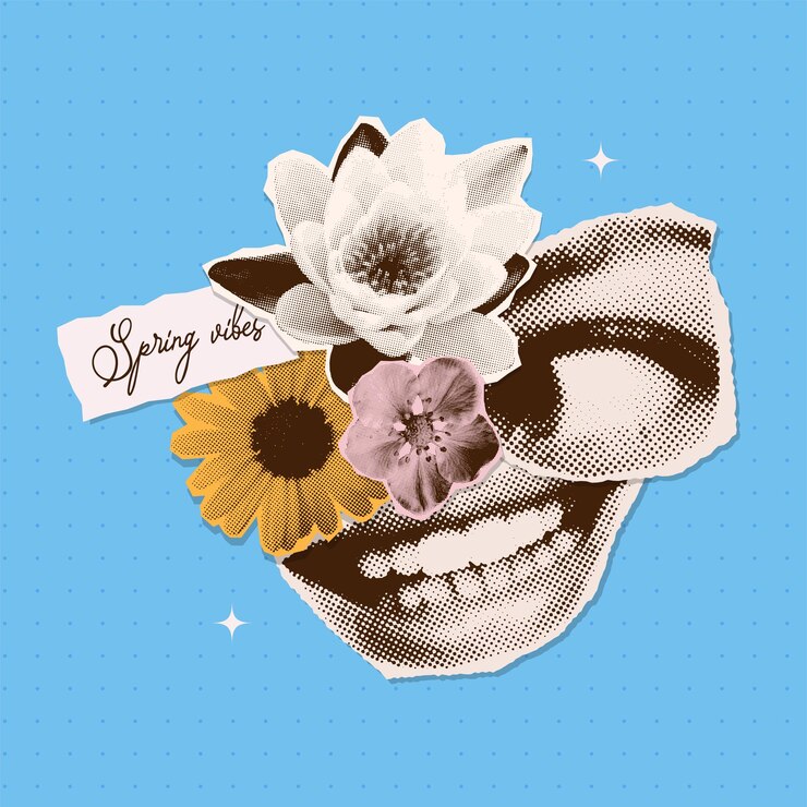 Vector spring vibes card with smile on female lips happy eye and flowers in halftone art collage good mood