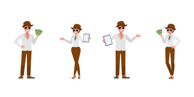 Spy secret agent character vector design. Presentation in various action. no5