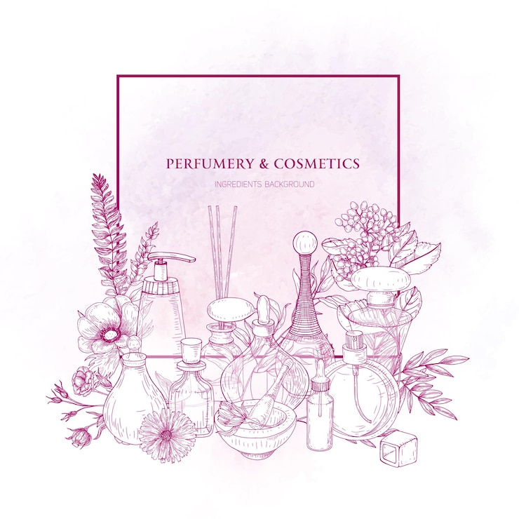 Vector square border decorated with perfume or toilet water in glass flasks and blooming flowers drawn with pink contour lines on white background.