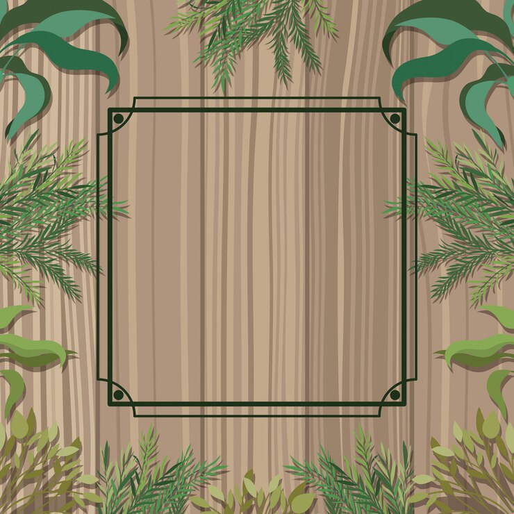 Vector square frame with herbal and wooden background