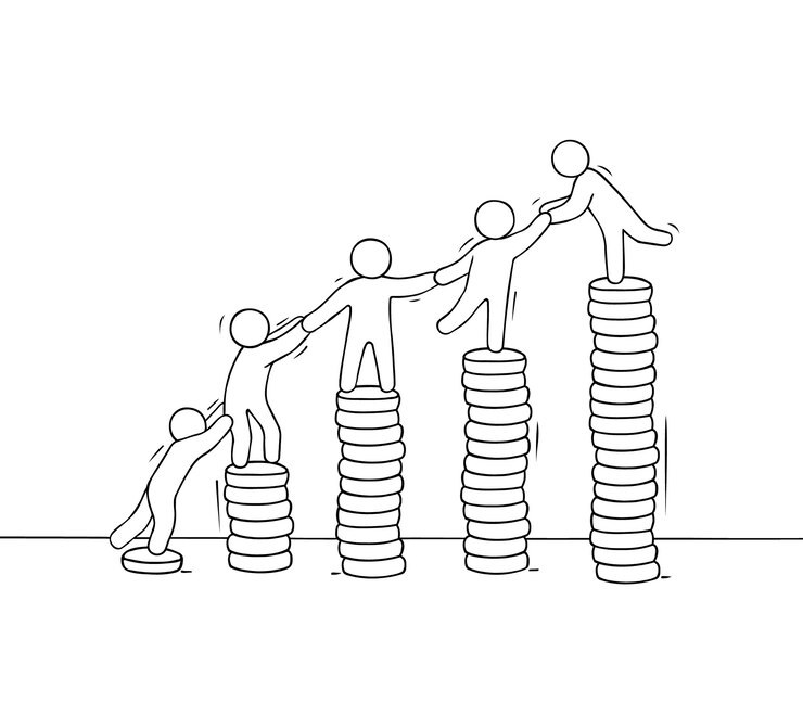 Vector stack coins with working little people. doodle cute miniature of teamwork