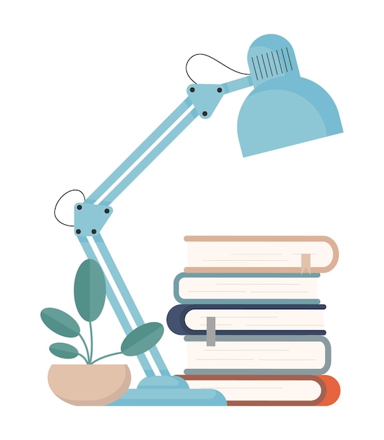 Stack of books with a lamp. Learning, knowledge, hobby, bookworm
