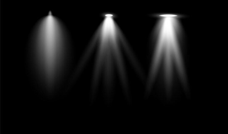 Vector stage lights white spotlight beams glowing design elements for studio or theater interior scene