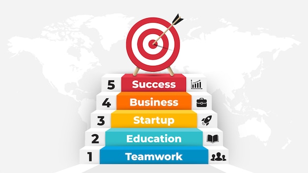 Stairs up to success infographic Successful startup presentation Arrow hit the target 3D diagram