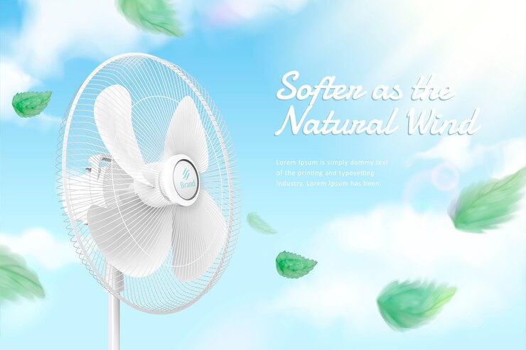 Vector stand fan moving the air on blue sky background in 3d illustration, green leaves blowing in the air