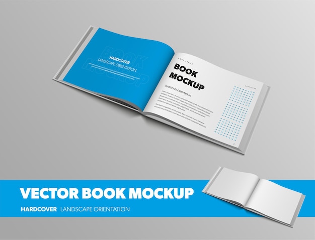 standard size open book template with abstract pattern, with blue page, landscape orientation, isolated on gray background. mockup of vector object with hardcover for design presentation.