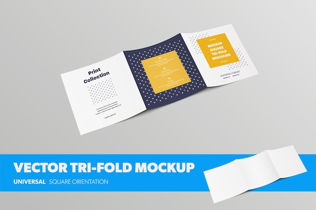 Standard square vector booklet template, with realistic shadows, back view, isolated on background. Mockup open blank business brochure for presentation design. Tri-fold layout with abstract pattern