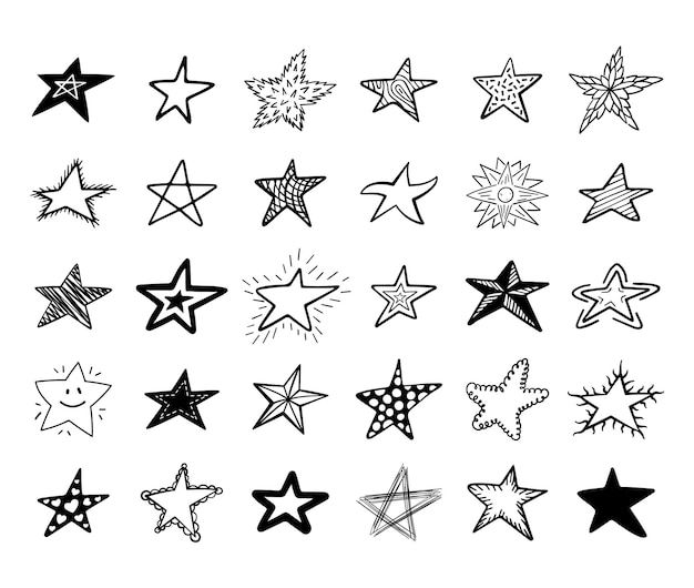 Star icons hand drawn Christmas outlines Sky decoration awards ornate shapes black label twinkle lights Cute decorative isolated objects doodle style vector abstract utter pictograms