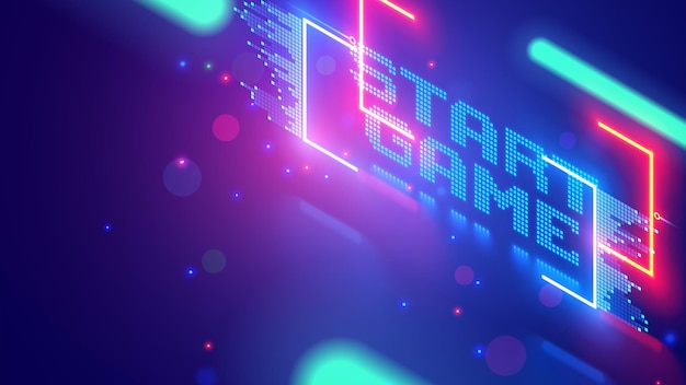 Start game text flying in cyberspace Design of video game start message Game start vector illustration Background with text start game isometric 3d pixels in neon frame Template vector banner