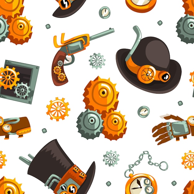 Steampunk Retrofuturistic Technology with Industrial Steampowered Mechanism Vector Seamless Pattern