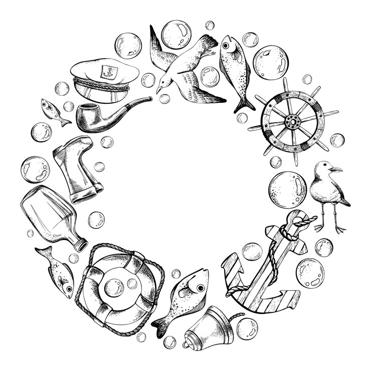 Vector steering wheel lifebuoy sea gulls captain s cap fish water bladders anchor bottle of rum tobacco pipe ship s bell graphic line art hand drawn in black and white monochrome round frame