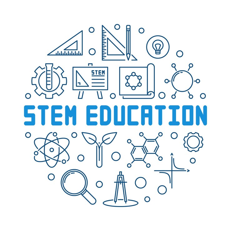 STEM Education blue outline round illustration