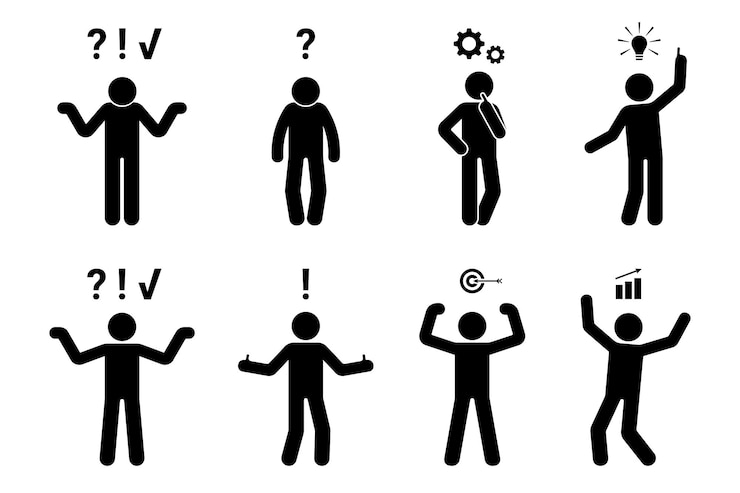 Vector stick figure man problem solution concept creative idea insight icon silhouette pictogram