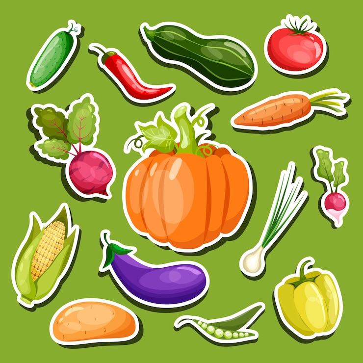 Vector stickers collection of fresh and tasty vegetables in flat style stickers set of ripe vegetables