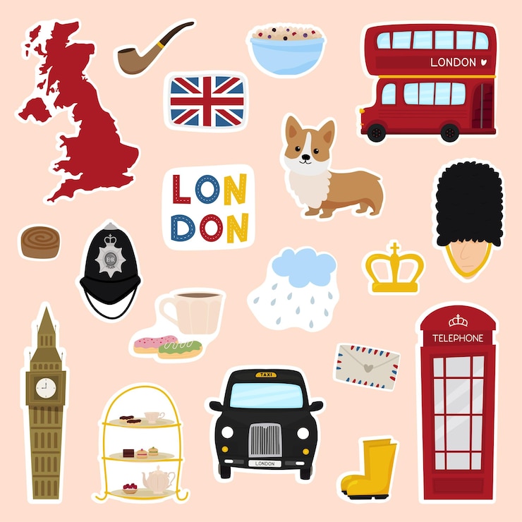 Vector stiker bahasa inggris dengan bus london, telepon, mahkota, corgi, jembatan, keamanan, perjalanan ke london
