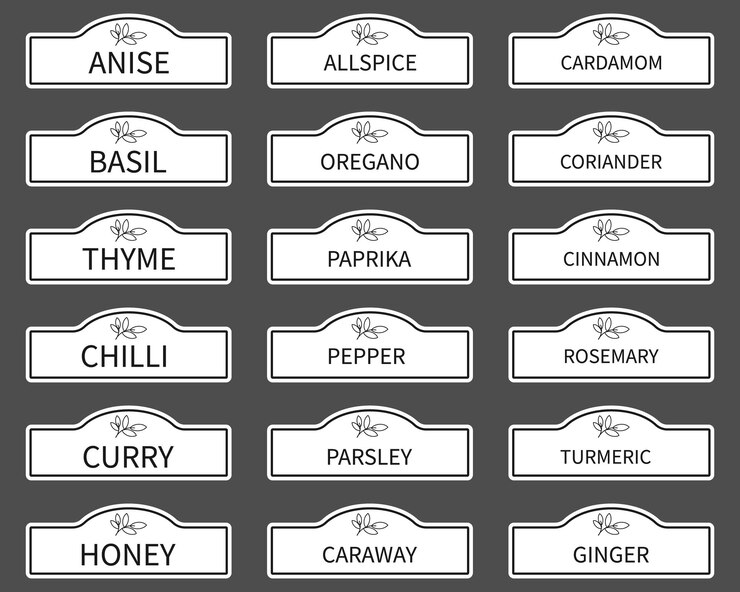 Vector stiker karton, stiker, atau label untuk stoples rempah-rempah dan herbal. set berisi 18 stiker vektor.
