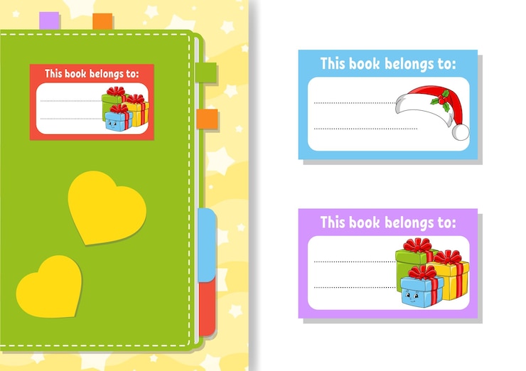 Vector stiker label buku untuk anak-anak bentuk persegi panjang karakter kartun untuk buku catatan harian