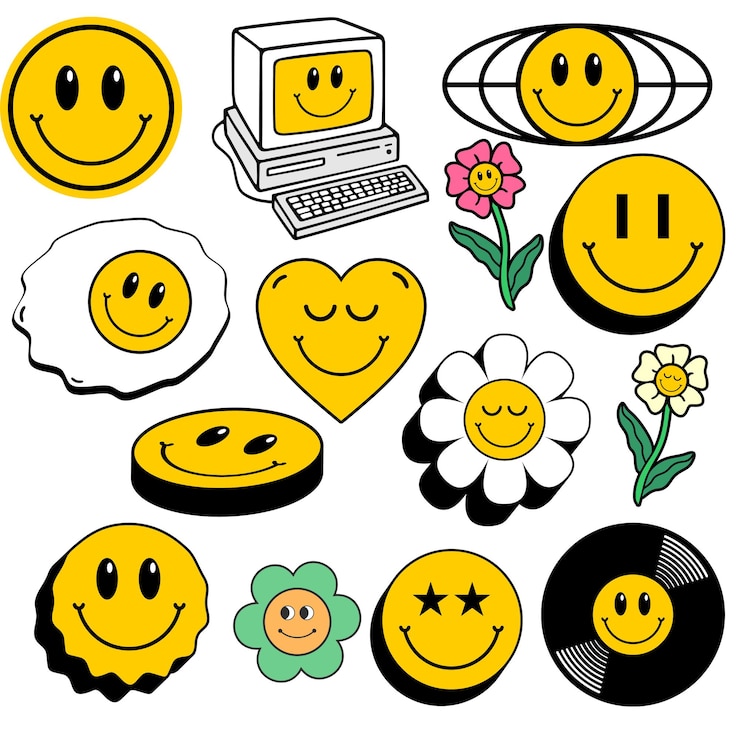 Vector stiker retro set elemen lucu penuh warna