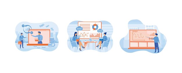 Stock Investments Commercial Strategy Consult Service Financial consultation concept Consultant businessman near blackboard holding a pointer in hand training Set flat vector modern illustration