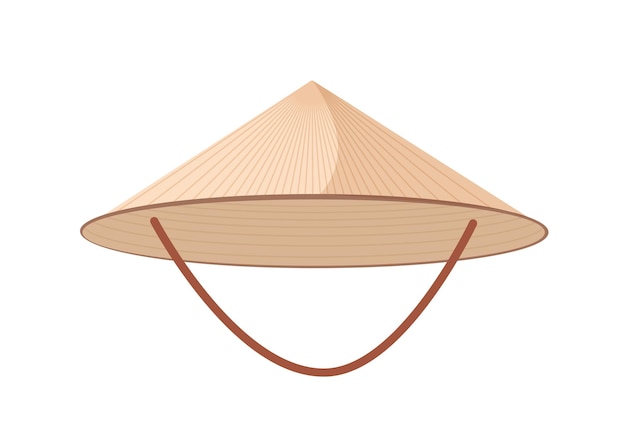 Straw Asian conical or rice hat with strap isolated on white background. Woven head accessory of farmer or agricultural worker, headdress, headgear. Decorative design element. Vector illustration.