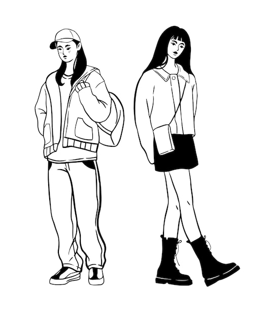 Street fashion look. Young women dressed in stylish trendy oversized clothing. Model various poses