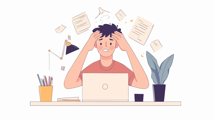 Vector stressed and fatigued business person overwhelmed with workload at the office
