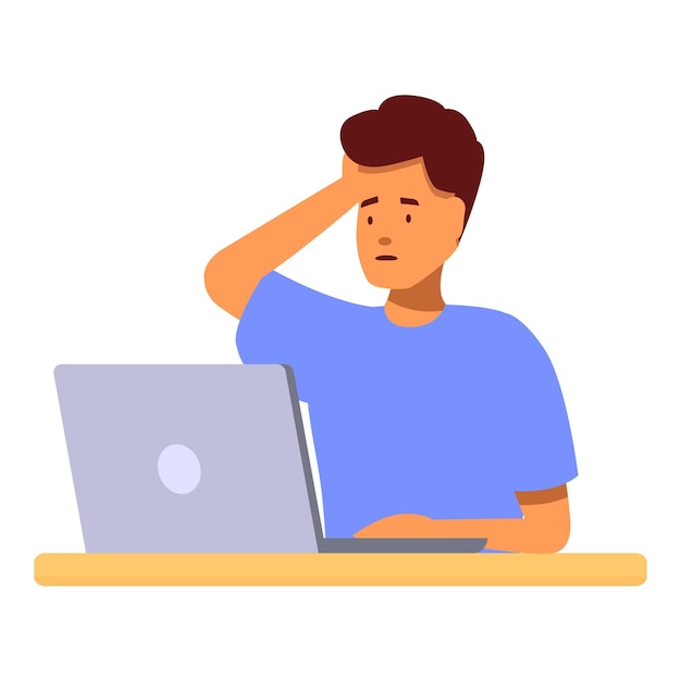 Stressed freelancer touching head sitting at desk working on laptop having problem at work