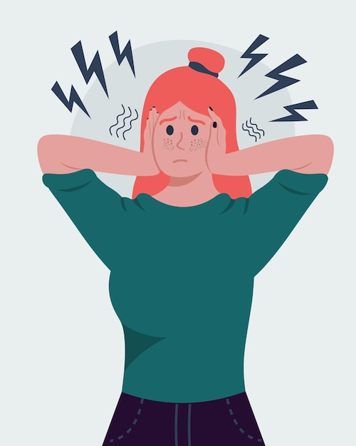 Stressed Girl Cover Her Ears Concept Of Mental Health Vector Illustration In Flat Style