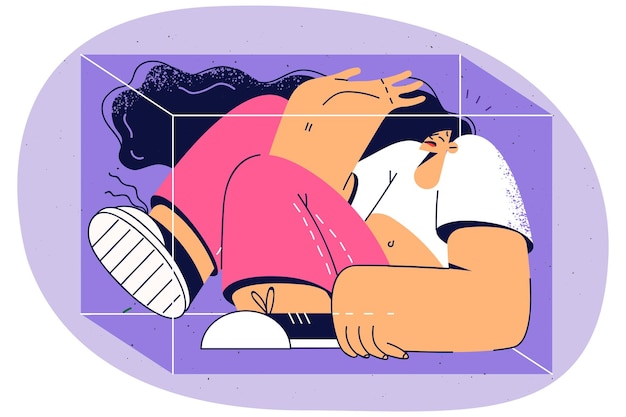 stressed young woman sit on cube suffer from panic attack girl in locked cube unable to escape or quit vector illustration