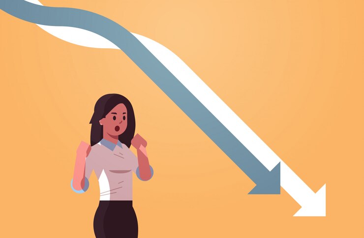 Vector stressful businesswpman looking at falling down economic arrows chart graph financial crisis bankrupt investment failure risk concept portrait horizontal
