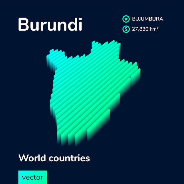 Striped vector 3D Map of Burundi is in green and mint colors on the dark blue background
