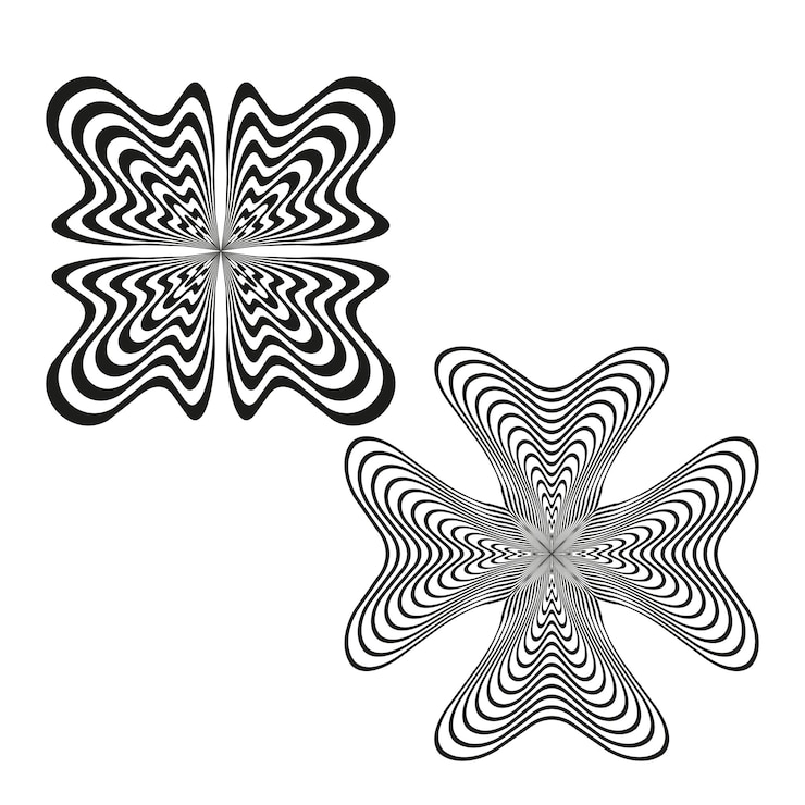 Vector striped wave pair abstract petal shape black white vector optical ripple illusion