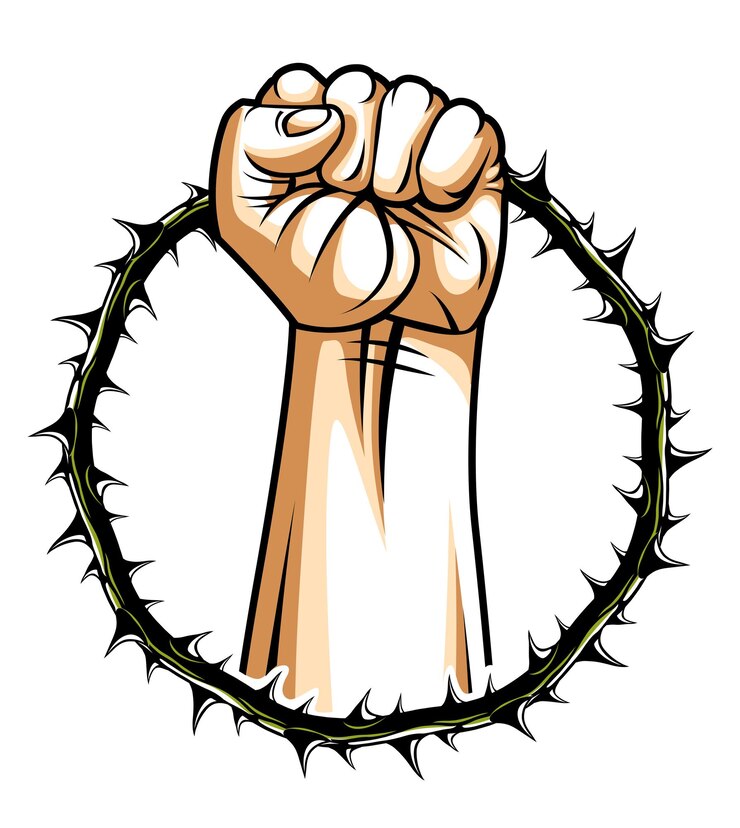 Vector strong hand clenched fist fighting for freedom against blackthorn thorn slavery theme illustration, vector logo or tattoo, through the thorns to the stars concept.