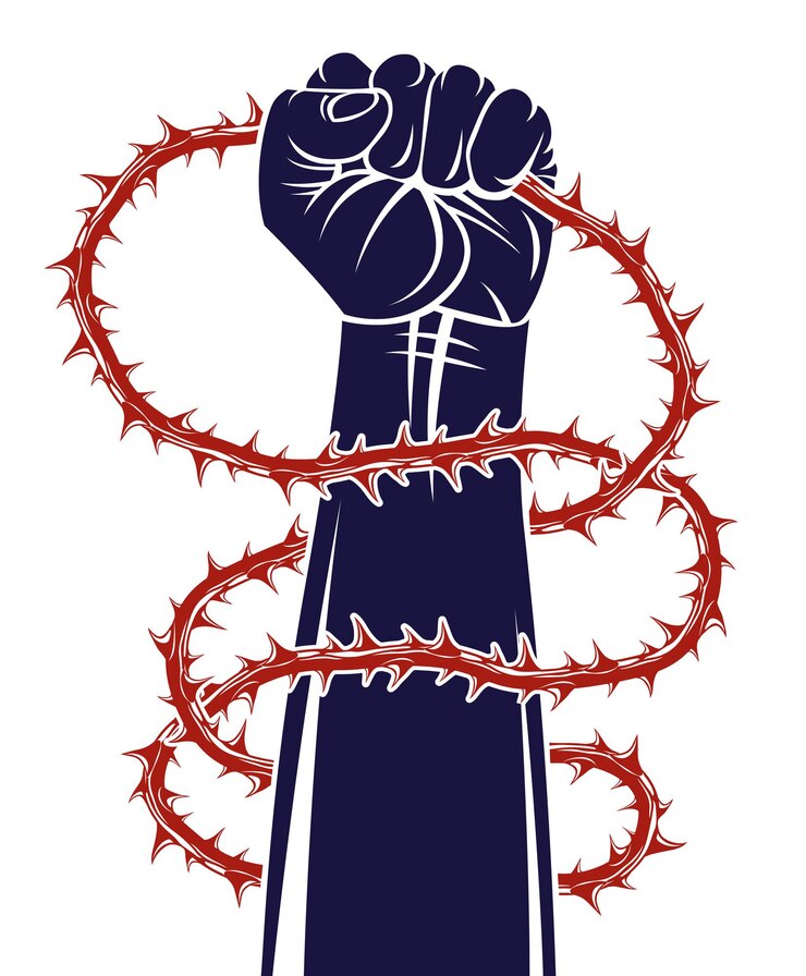 Vector strong hand clenched fist fighting for freedom against blackthorn thorn slavery theme illustration, vector logo or tattoo, through the thorns to the stars concept.