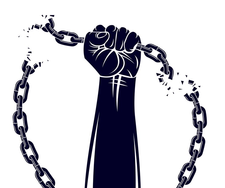 Vector strong hand clenched fist fighting for freedom against chain slavery theme illustration, vector logo or tattoo, getting free, struggle for liberty.