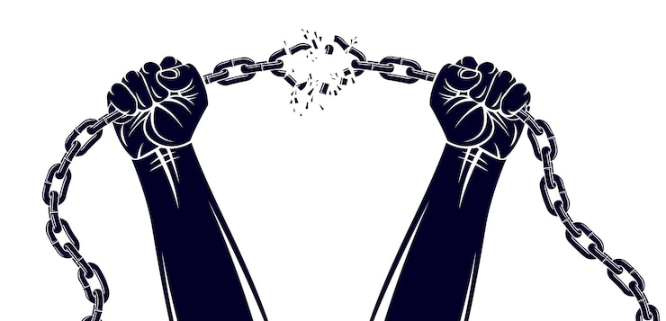 Vector strong hand clenched fist fighting for freedom against chain slavery theme illustration, vector logo or tattoo, getting free, struggle for liberty.