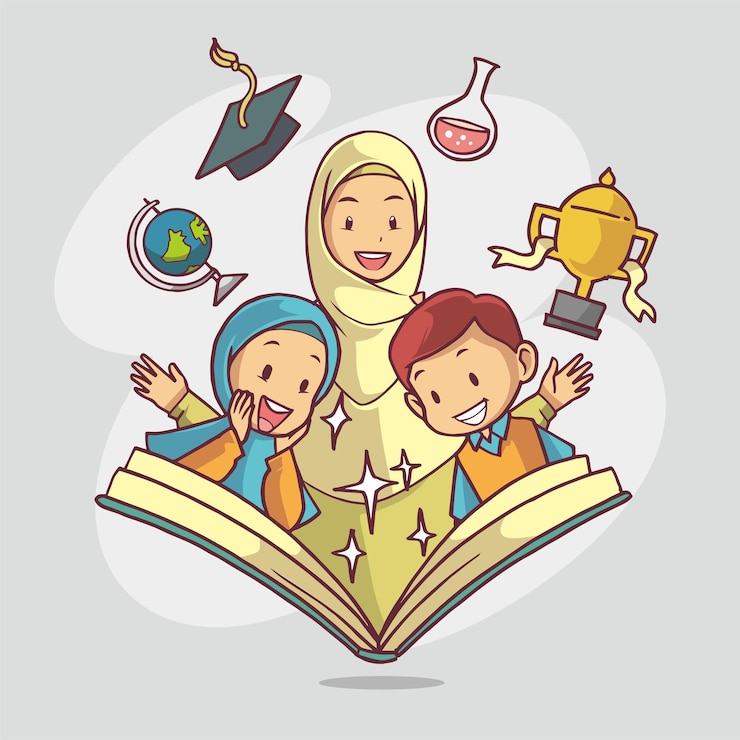 Vector students are studying with the teacher using a book.