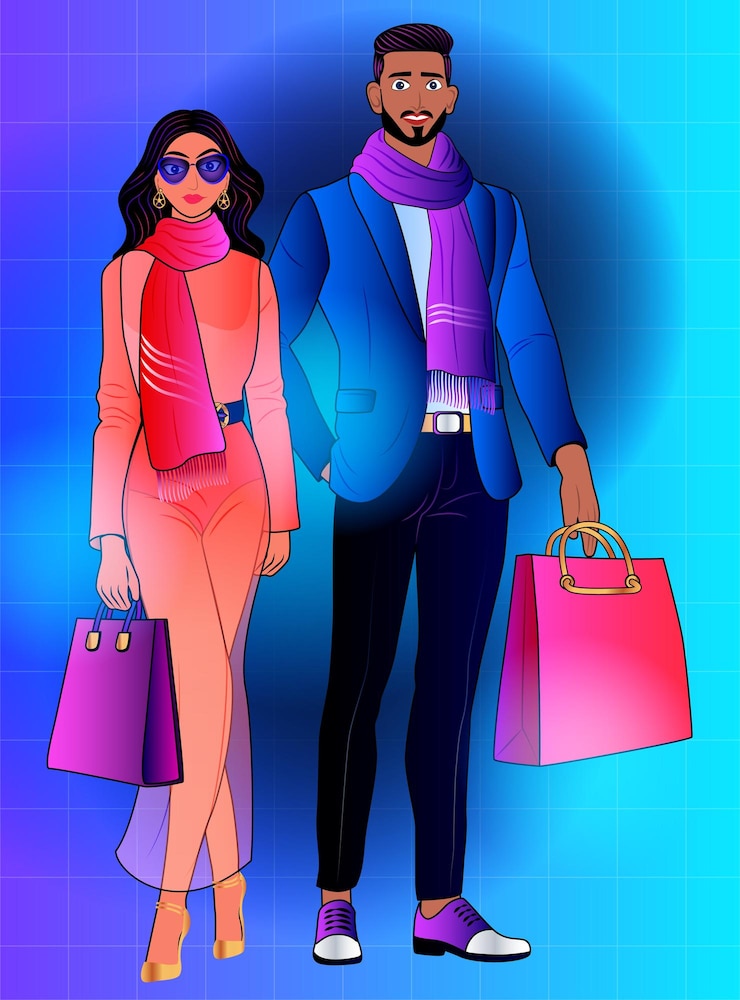 Vector stylish couple shopping in trendy outfits against a vibrant background