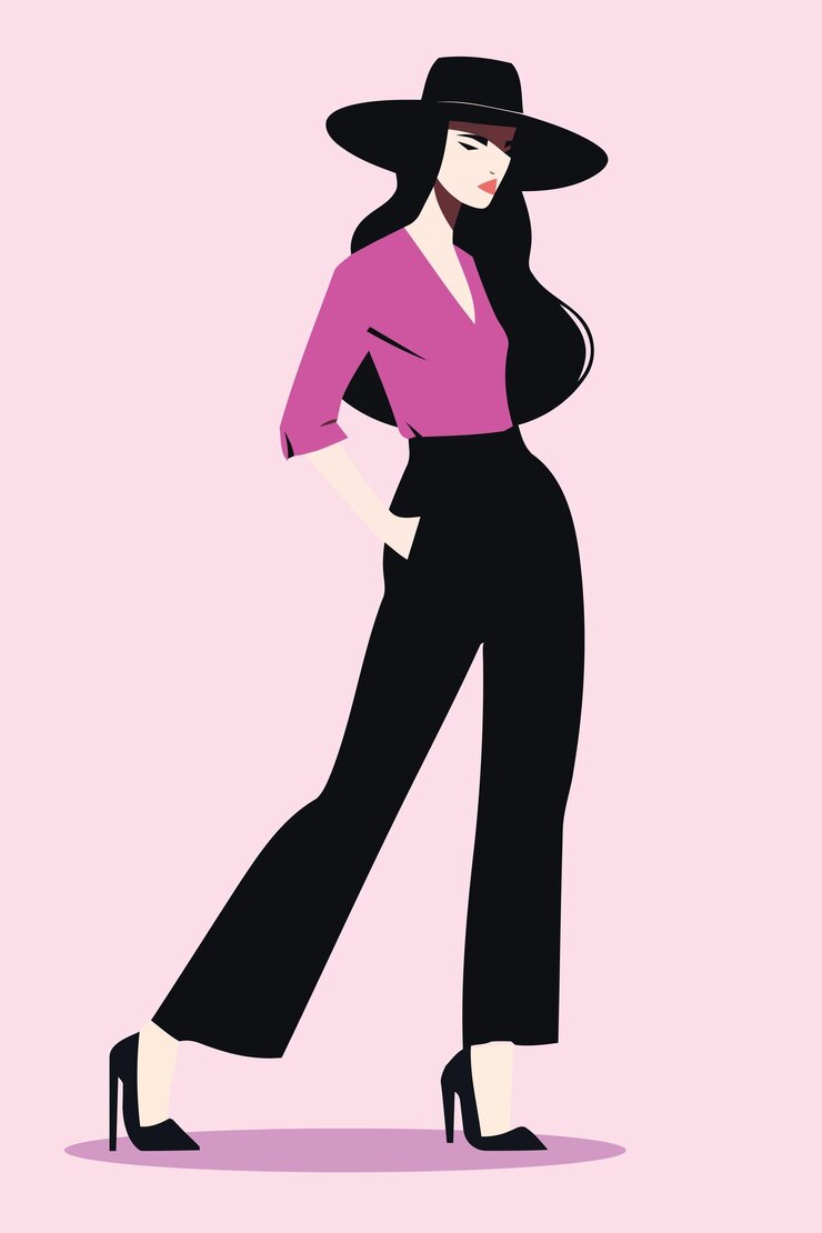 Stylish fashion model woman in hat Drawn in watercolor with a pink dress Beautiful young woman