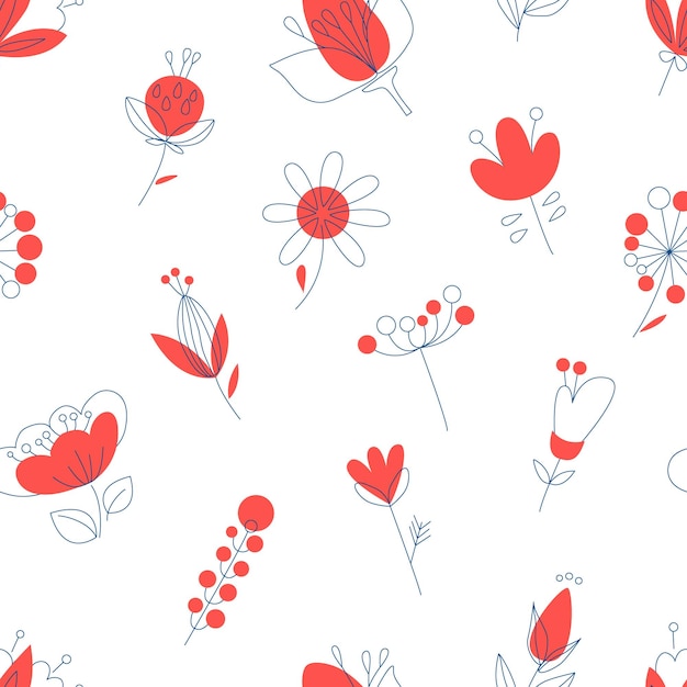 stylish seamless pattern with flowers in one line style flowers and leaves background linear style