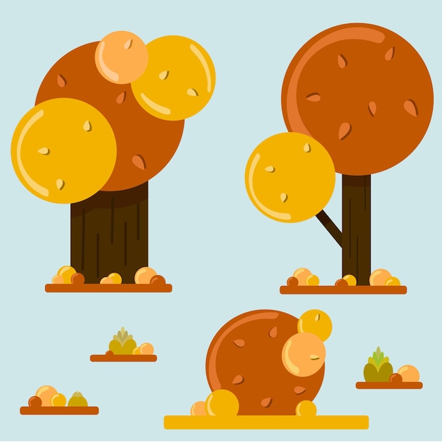stylized autumn trees and a bush with grass in the background