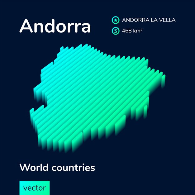 Stylized neon digital isometric striped vector 3D Andorra map in green and mint colors
