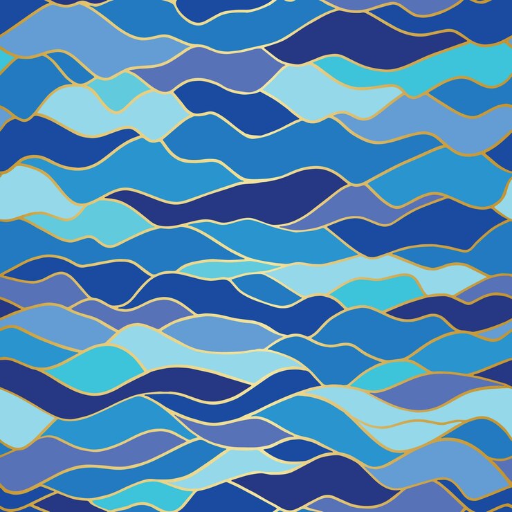 Stylized ocean waves with gold lining seamless vector pattern