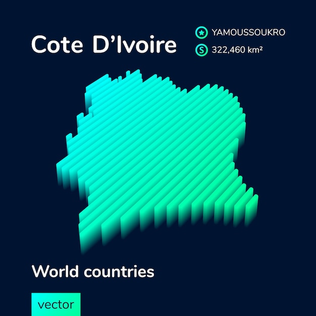 Stylized striped vector  3d map of Cote DIvoire Map of Cote DIvoire is in green colors
