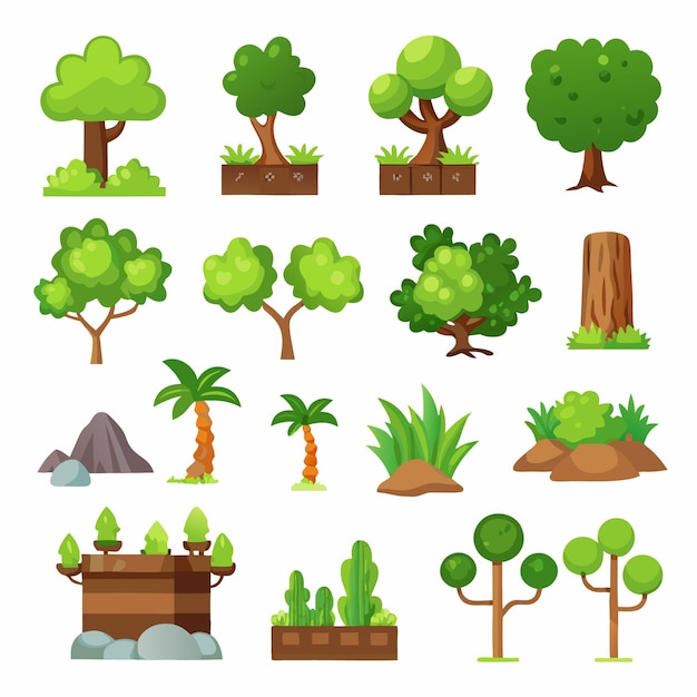 Stylized Tree and Bush Icons for 2D Games Cartoon Style Flat Colors No Shadows Vector Graphics