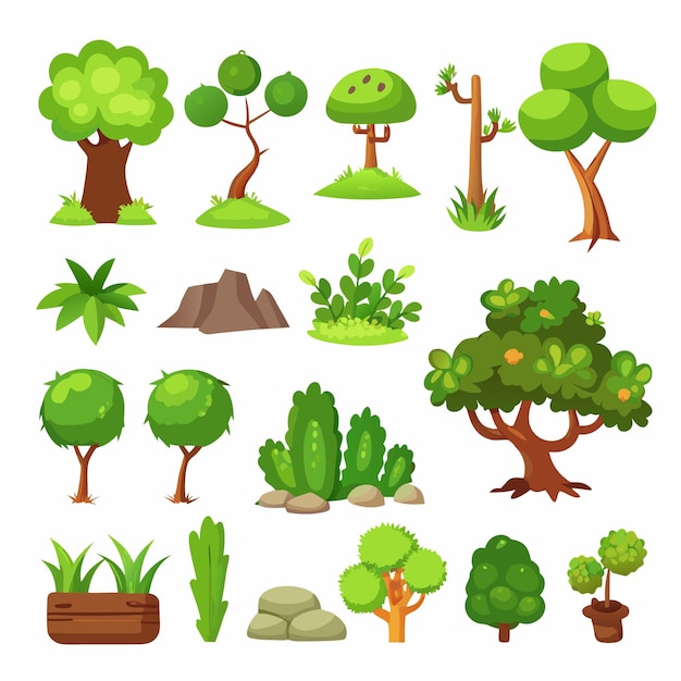 Stylized Tree and Bush Icons for 2D Games Cartoon Style Flat Colors No Shadows Vector Graphics