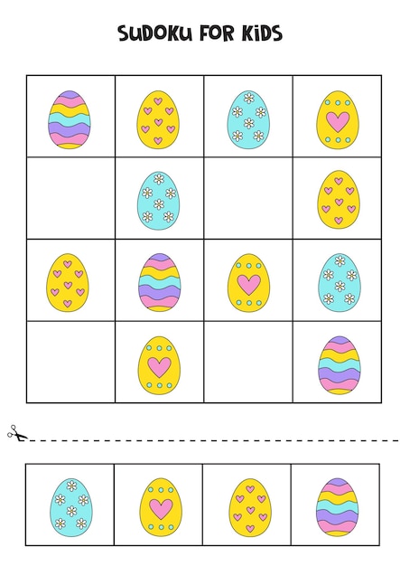 Sudoku with cute Easter eggs for preschool kids Educational worksheet