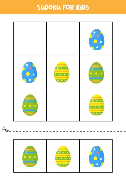 Sudoku with three pictures for preschool kids. Logical game with Easter eggs.