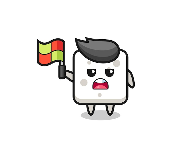 sugar cube character as line judge putting the flag up