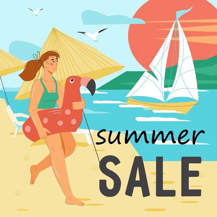 Vector summer banner or poster design with woman on sea beach summer sale
